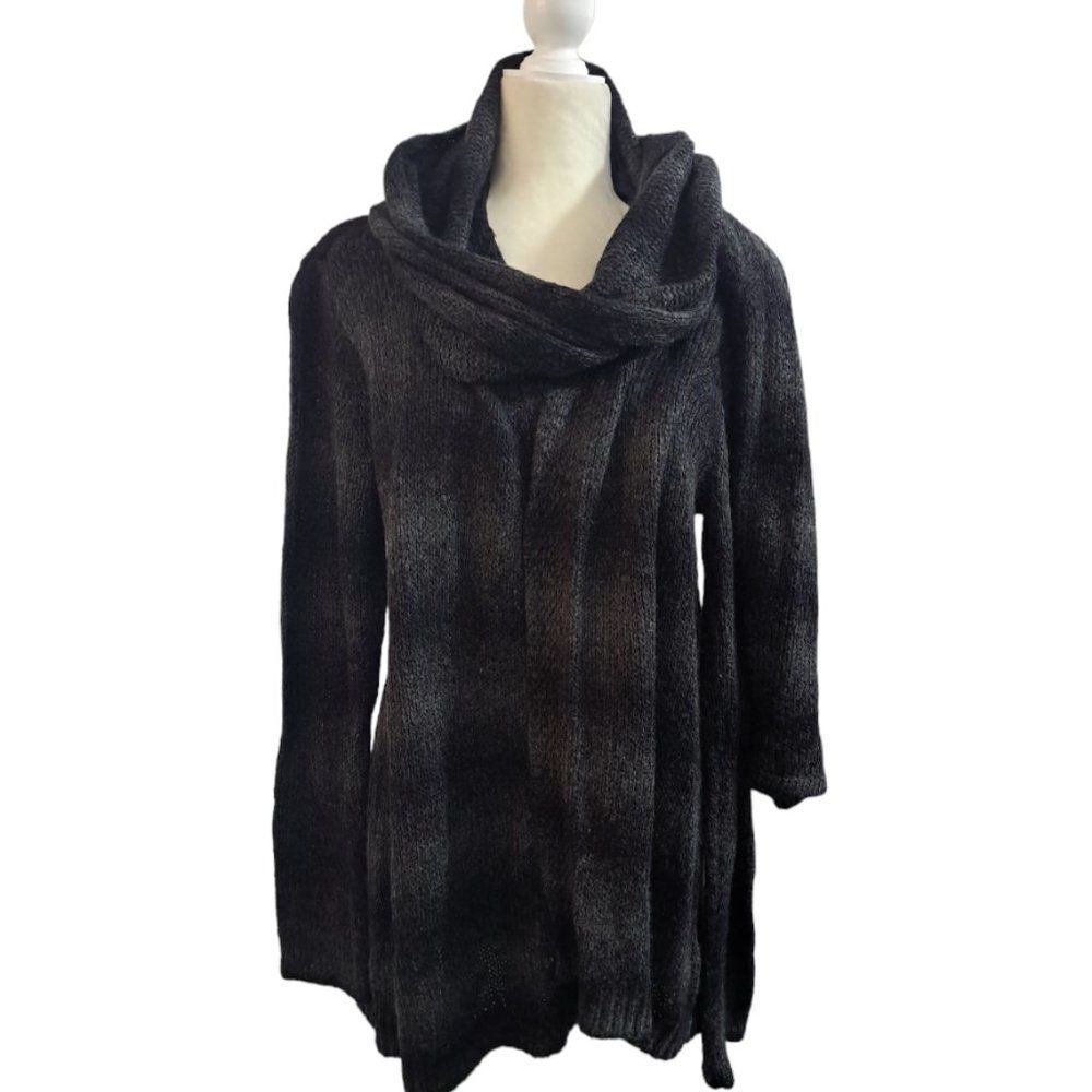 Elie Tahari Woman's Knit Open Cardigan Removable Scarf Grey Black Long Sleeves L